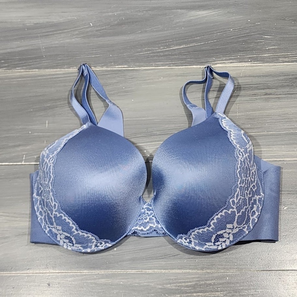 Soma Bra 32DD‎ Vanishing Back Full Coverage T Shirt Bra Blue Lace Trim